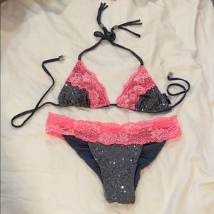 Beach Bunny pink and grey lace top bikini